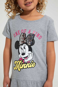 Redtag-Grey-Melange-Casual-Dress-With-Minnie-Placement-Print-&-2-Way-Sequins-Dresses-Girls-2 to 8 Years