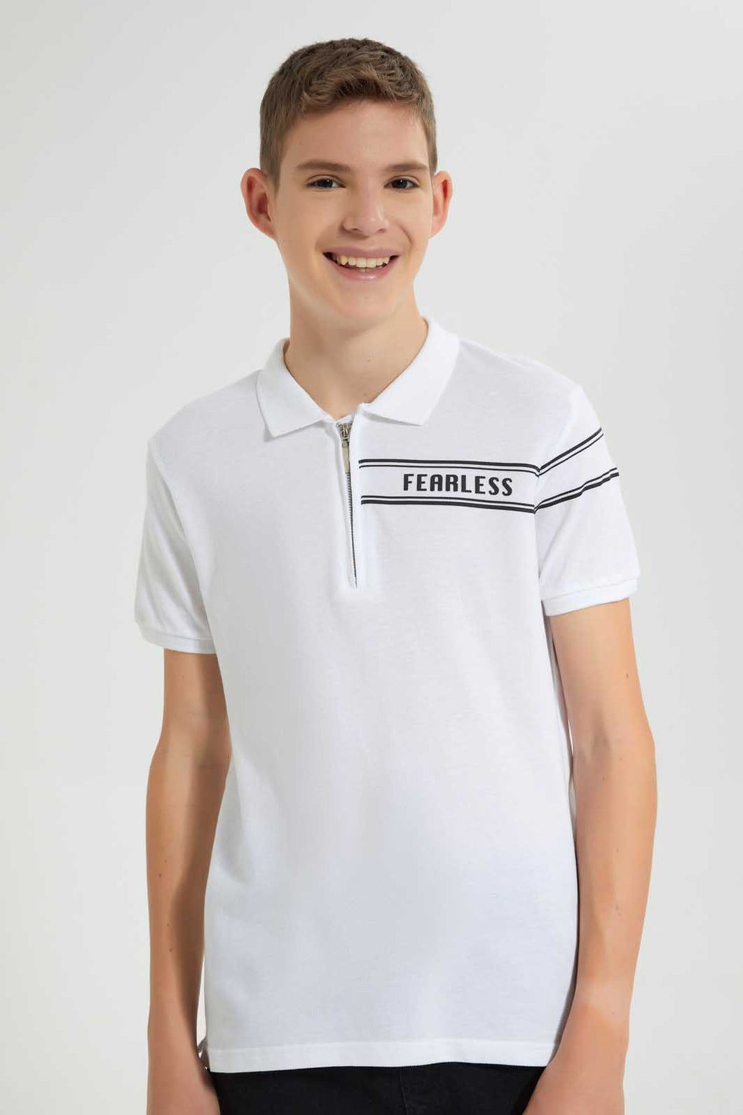 Redtag-White-Mandarin-Collar-Zip-Placket-Polo-Polo-Shirts-Senior-Boys-9 to 14 Years