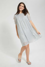 Load image into Gallery viewer, Redtag-Silver-Mettalic-Cold-Shoulder-Dress-Dresses-Senior-Girls-9 to 14 Years
