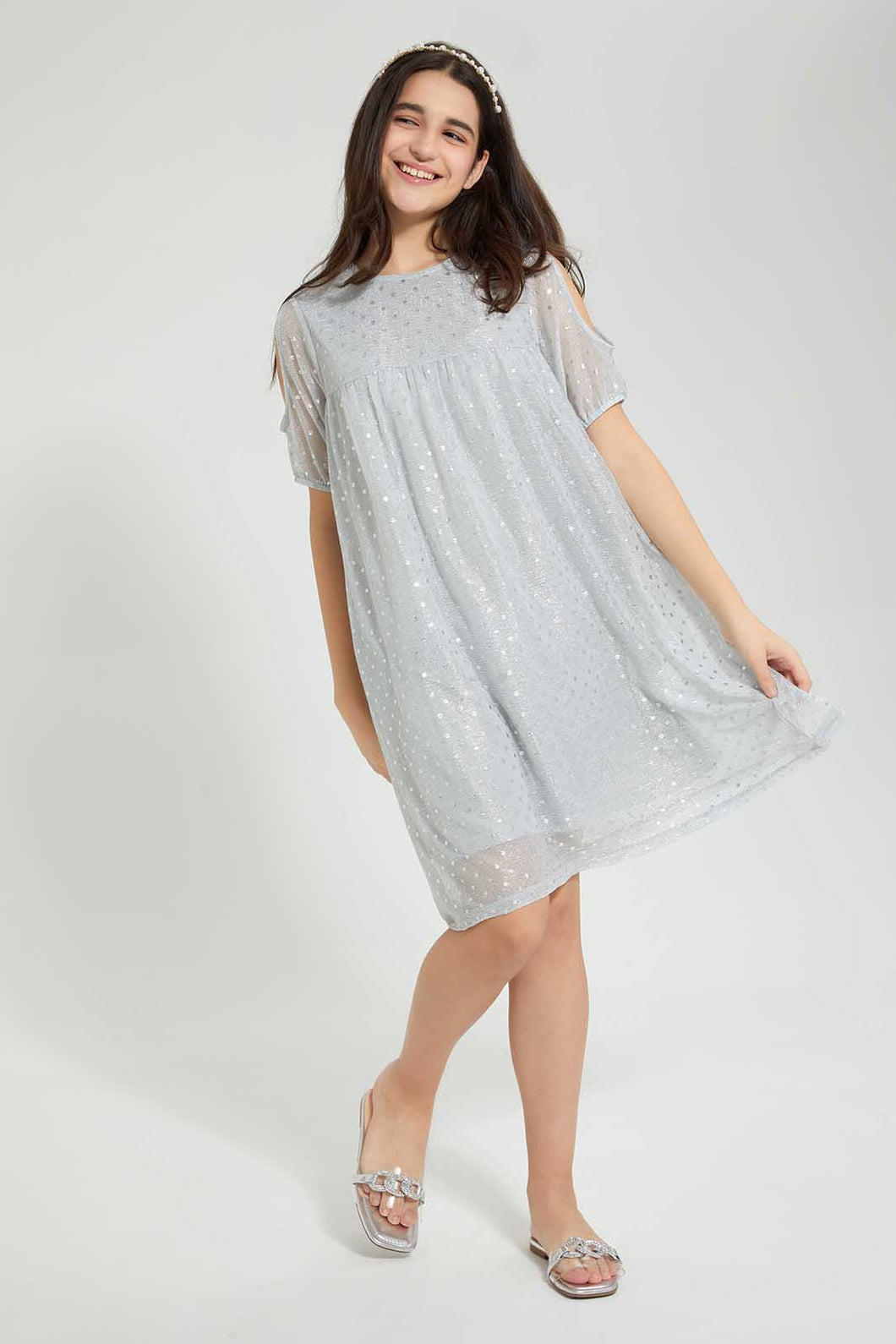 Redtag-Silver-Mettalic-Cold-Shoulder-Dress-Dresses-Senior-Girls-9 to 14 Years