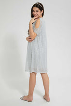 Load image into Gallery viewer, Redtag-Silver-Mettalic-Cold-Shoulder-Dress-Dresses-Senior-Girls-9 to 14 Years
