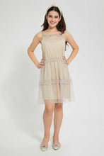 Load image into Gallery viewer, Redtag-Beige/Gold-Mesh-Dress-Dresses-Senior-Girls-9 to 14 Years
