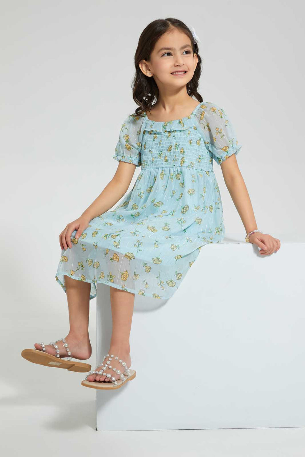 Redtag-Mint-Embellished-Printed-Dress-Dresses-Girls-2 to 8 Years