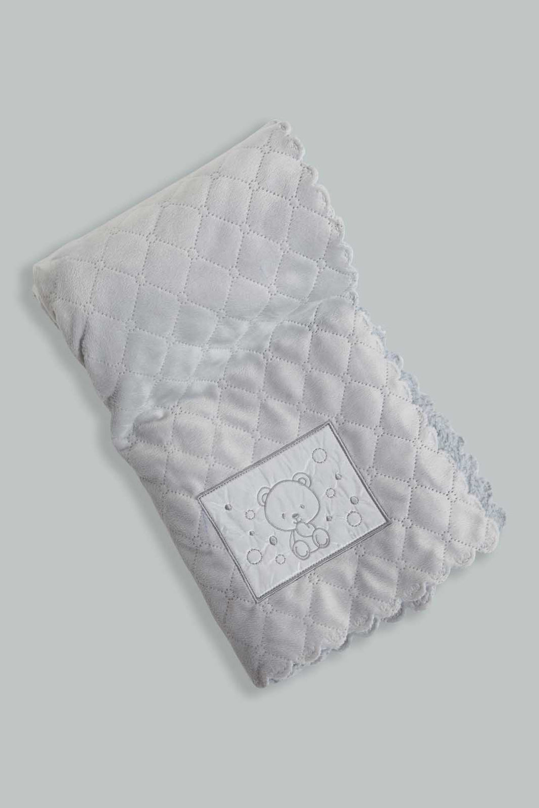 Redtag-Grey-Bear-Quilted-Fluffy-Blanket-Baby-Blankets-Baby-0 to 12 Months