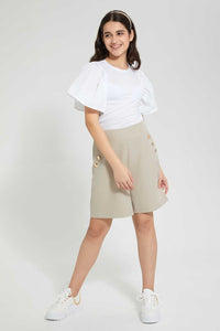 Redtag-Beige-Highwaist-Button-Front-Short-Cargo-Pants-Senior-Girls-9 to 14 Years