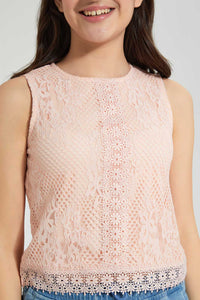 Redtag-Pink-Highneck-Lace-Top-Plain-Senior-Girls-9 to 14 Years