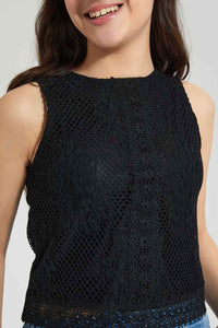 Redtag-Black-Highneck-Lace-Top-Plain-Senior-Girls-9 to 14 Years