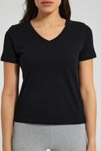 Load image into Gallery viewer, Redtag-Black-V-Neck-T-Shirt-Plain-Women&#39;s-
