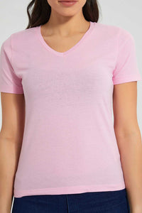 Redtag-Fuschia-V-Neck-T-Shirt-Plain-Women's-