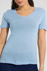 Redtag-Blue-V-Neck-T-Shirt-Plain-Women's-