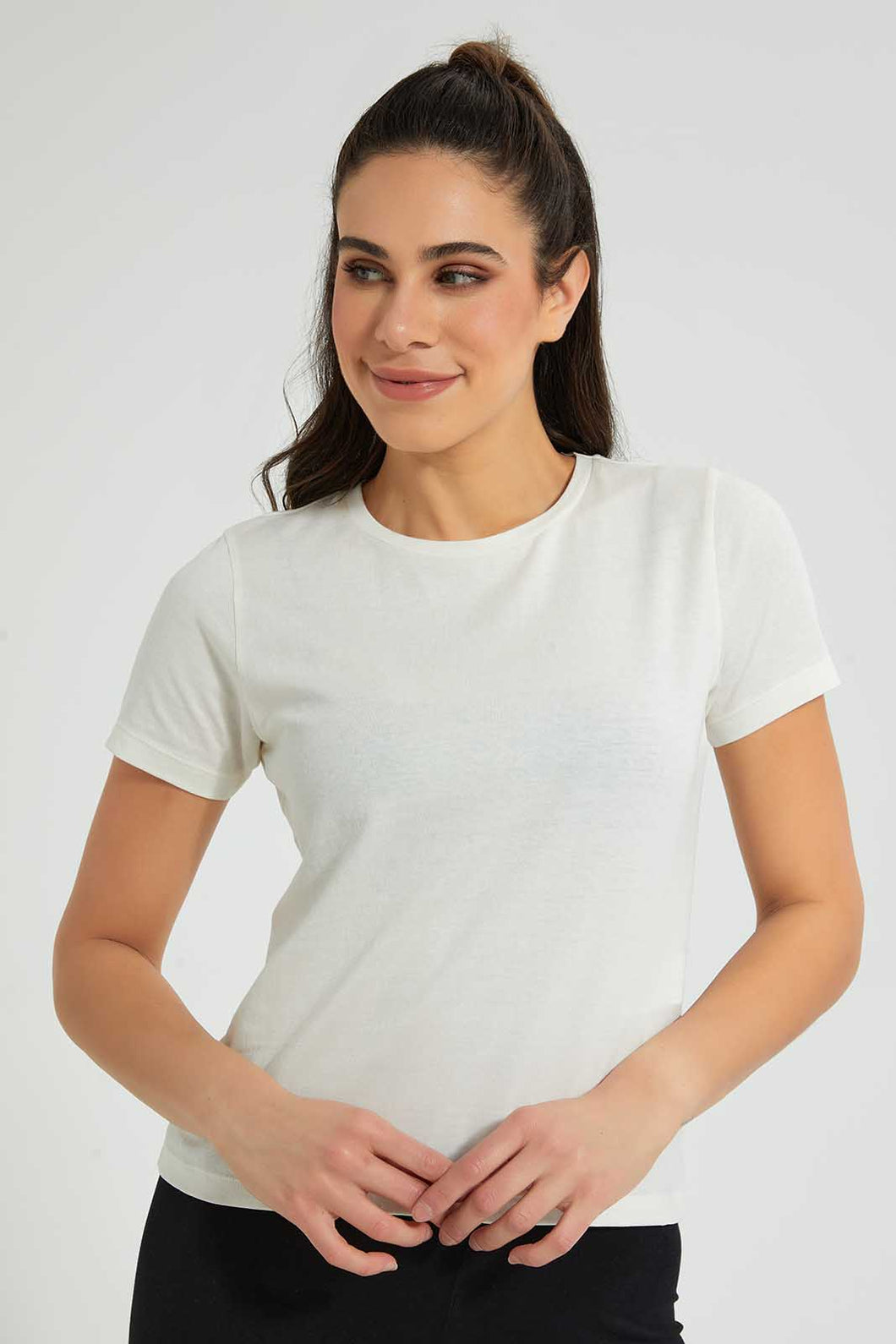 Redtag-Ivory--Crew-Neck-T-Shirt-Plain-Women's-