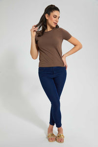 Redtag-Brown--Crew-Neck-T-Shirt-Plain-Women's-