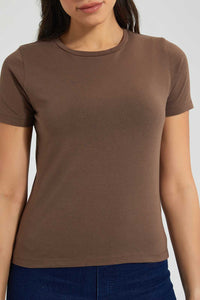 Redtag-Brown--Crew-Neck-T-Shirt-Plain-Women's-