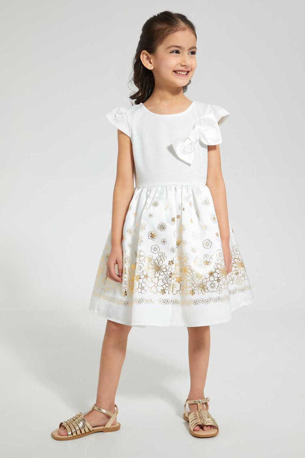 Redtag-Cream-Jacquard-Bottom-Dress-Dresses-Girls-2 to 8 Years