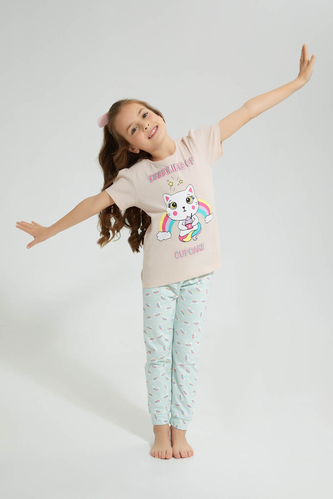 Redtag-Peach/Mint-Printed-S/Sleeve-Pyjama-Set-Colour:Mint,-Filter:Girls-(2-to-8-Yrs),-Girls-Pyjama-Sets,-New-In,-New-In-GIR,-Non-Sale,-S22C,-Section:Kidswear-Girls-2 to 8 Years