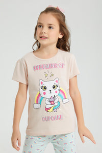 Redtag-Peach/Mint-Printed-S/Sleeve-Pyjama-Set-Colour:Mint,-Filter:Girls-(2-to-8-Yrs),-Girls-Pyjama-Sets,-New-In,-New-In-GIR,-Non-Sale,-S22C,-Section:Kidswear-Girls-2 to 8 Years