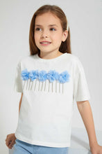 Load image into Gallery viewer, Redtag-White-Casual-T-Shirt-With-3D-Flower-Work-At-Front-Embellished-Girls-2 to 8 Years
