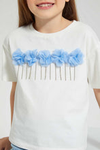 Load image into Gallery viewer, Redtag-White-Casual-T-Shirt-With-3D-Flower-Work-At-Front-Embellished-Girls-2 to 8 Years
