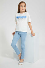 Load image into Gallery viewer, Redtag-White-Casual-T-Shirt-With-3D-Flower-Work-At-Front-Embellished-Girls-2 to 8 Years
