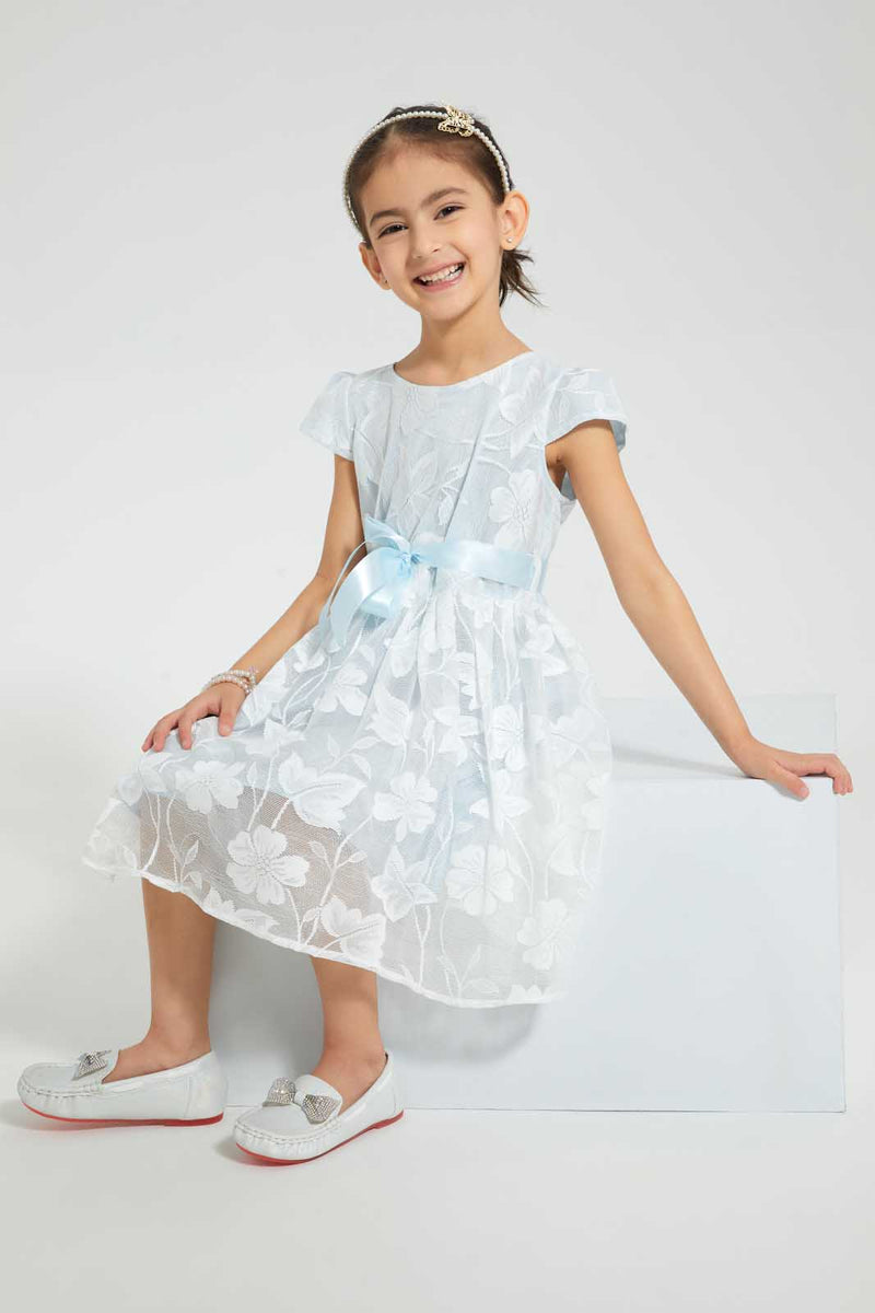 Redtag-Blue-All-Over-Floral-Jacquard-Dress-Dresses-Girls-2 to 8 Years