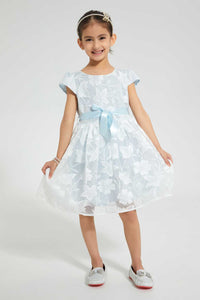 Redtag-Blue-All-Over-Floral-Jacquard-Dress-Dresses-Girls-2 to 8 Years