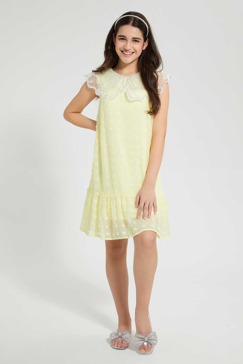 Redtag-Yellow-Organza-Collared-Dobby-Dress-Dresses-Senior-Girls-9 to 14 Years