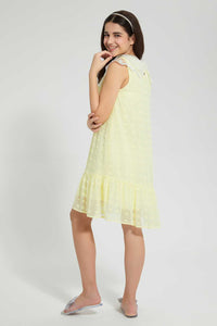 Redtag-Yellow-Organza-Collared-Dobby-Dress-Dresses-Senior-Girls-9 to 14 Years