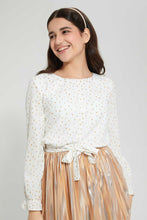 Load image into Gallery viewer, Redtag-White/Gold-Front-Tie-Glittered-Top-Blouses-Senior-Girls-9 to 14 Years
