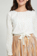 Load image into Gallery viewer, Redtag-White/Gold-Front-Tie-Glittered-Top-Blouses-Senior-Girls-9 to 14 Years
