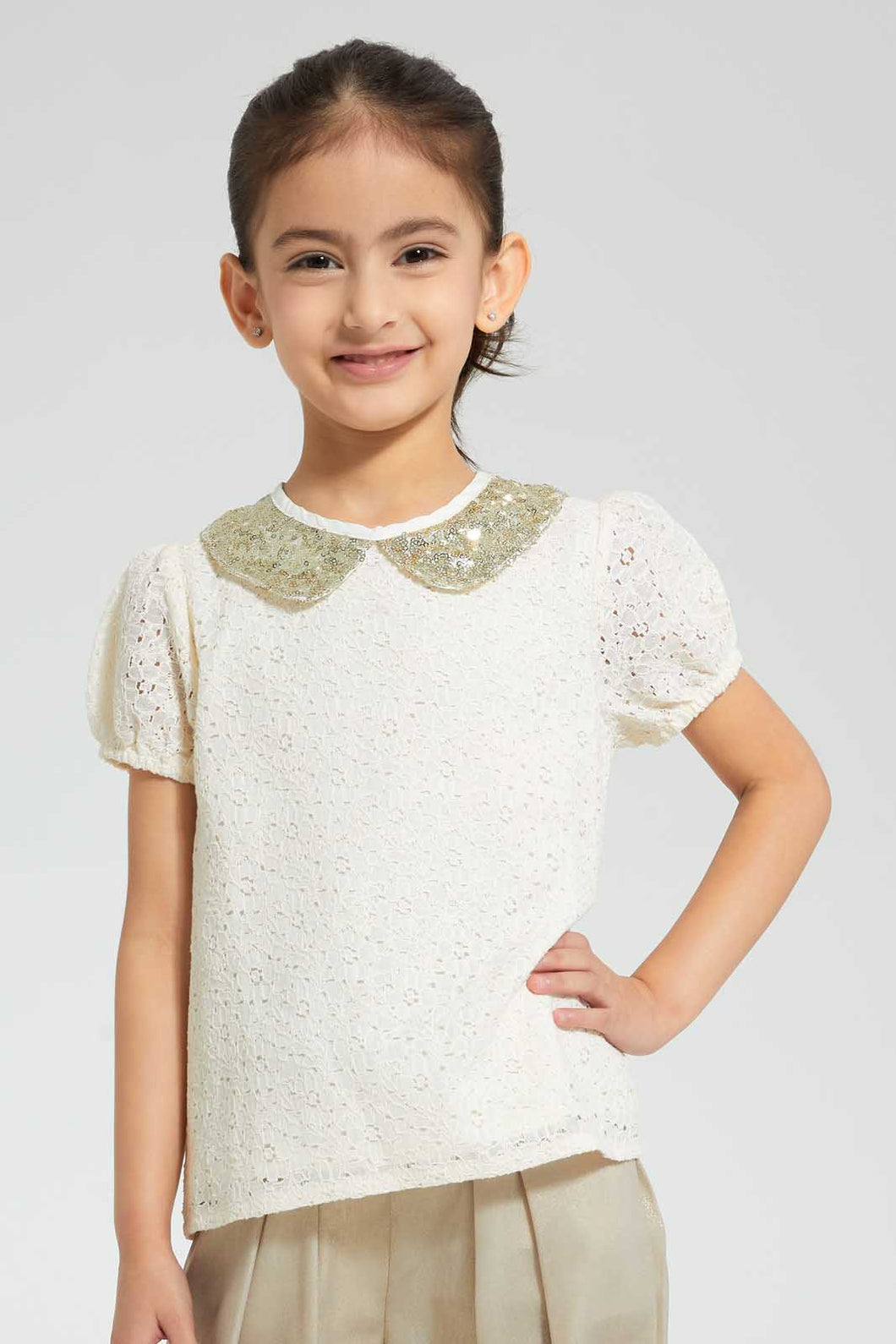 Redtag-Beige-Sequenced-Peter-Pan-Collar-T-Shirt-Blouses-Girls-2 to 8 Years