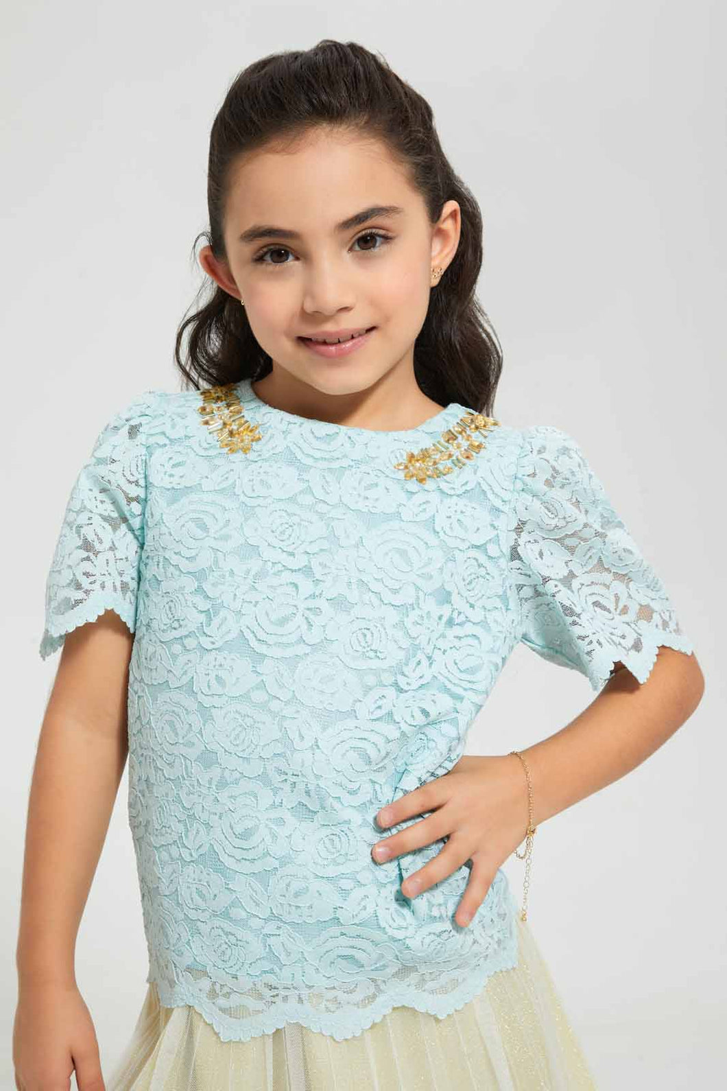 Redtag-Mint-Embellished-Lace-Blouse-Blouses-Girls-2 to 8 Years