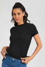 Load image into Gallery viewer, Redtag-Black-Rib-Ruched-Side-T-Shirt-Plain-Women&#39;s-
