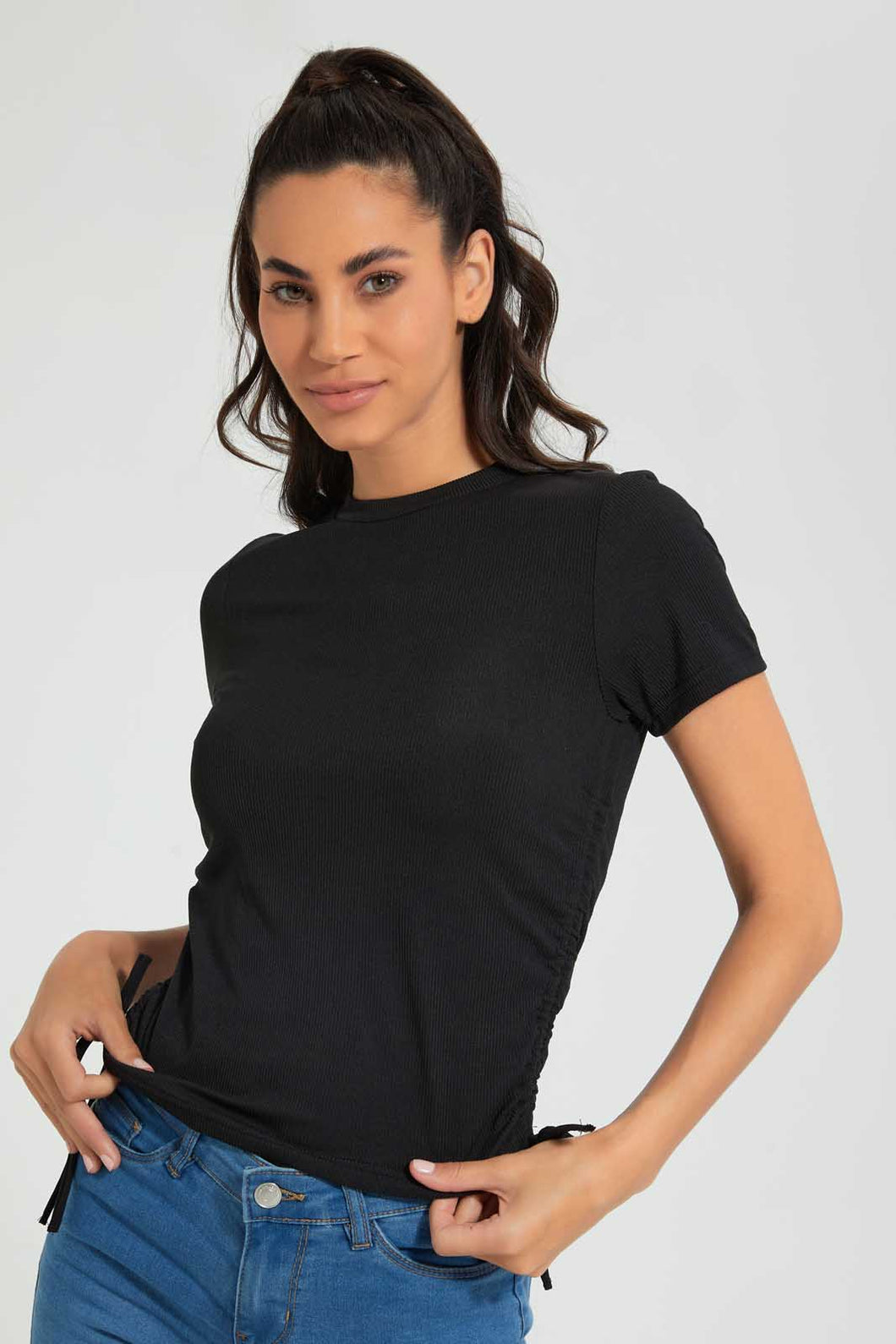 Redtag-Black-Rib-Ruched-Side-T-Shirt-Plain-Women's-