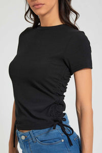 Redtag-Black-Rib-Ruched-Side-T-Shirt-Plain-Women's-