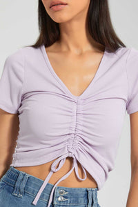 Redtag-Lilac-Rib-Ruched-Front-T-Shirt-Plain-Women's-