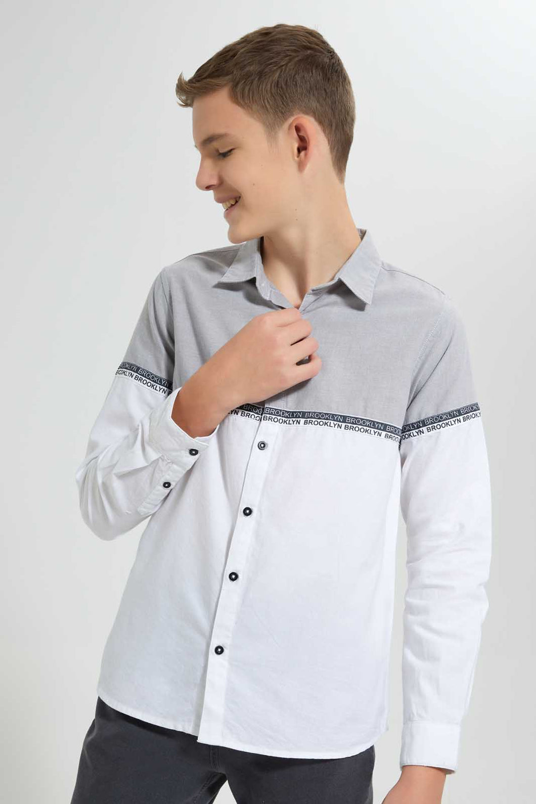 Redtag-Grey-Color-Block-Casual-Shirt-Casual-Shirts-Senior-Boys-9 to 14 Years