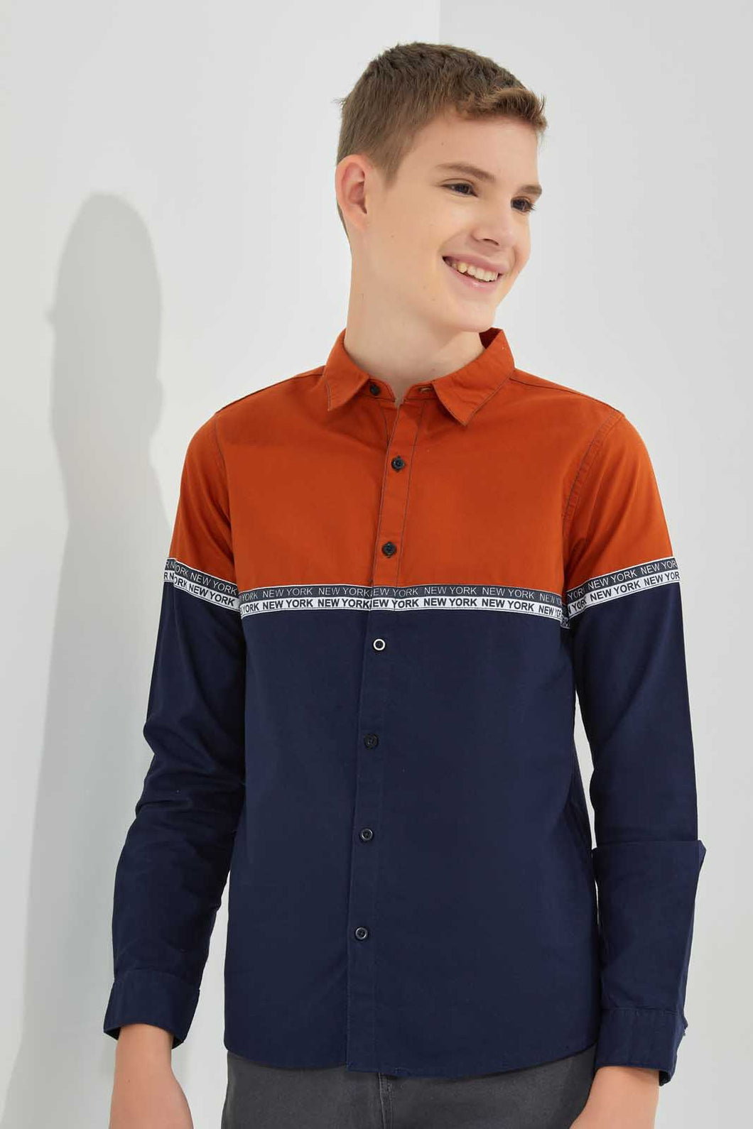 Redtag-Orange-Color-Block-Casual-Shirt-Casual-Shirts-Senior-Boys-9 to 14 Years