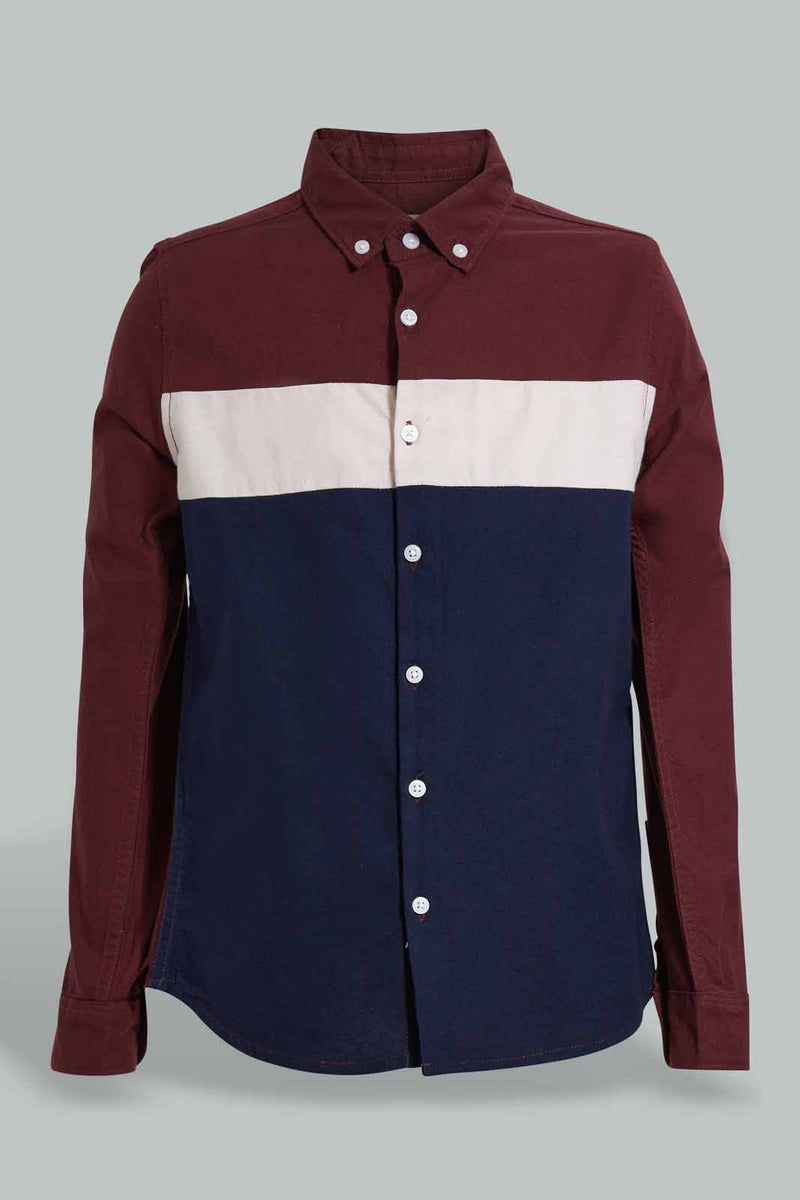 Redtag-Burgundy-Color-Block-Casual-Shirt-Casual-Shirts-Senior-Boys-9 to 14 Years