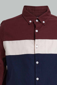 Redtag-Burgundy-Color-Block-Casual-Shirt-Casual-Shirts-Senior-Boys-9 to 14 Years