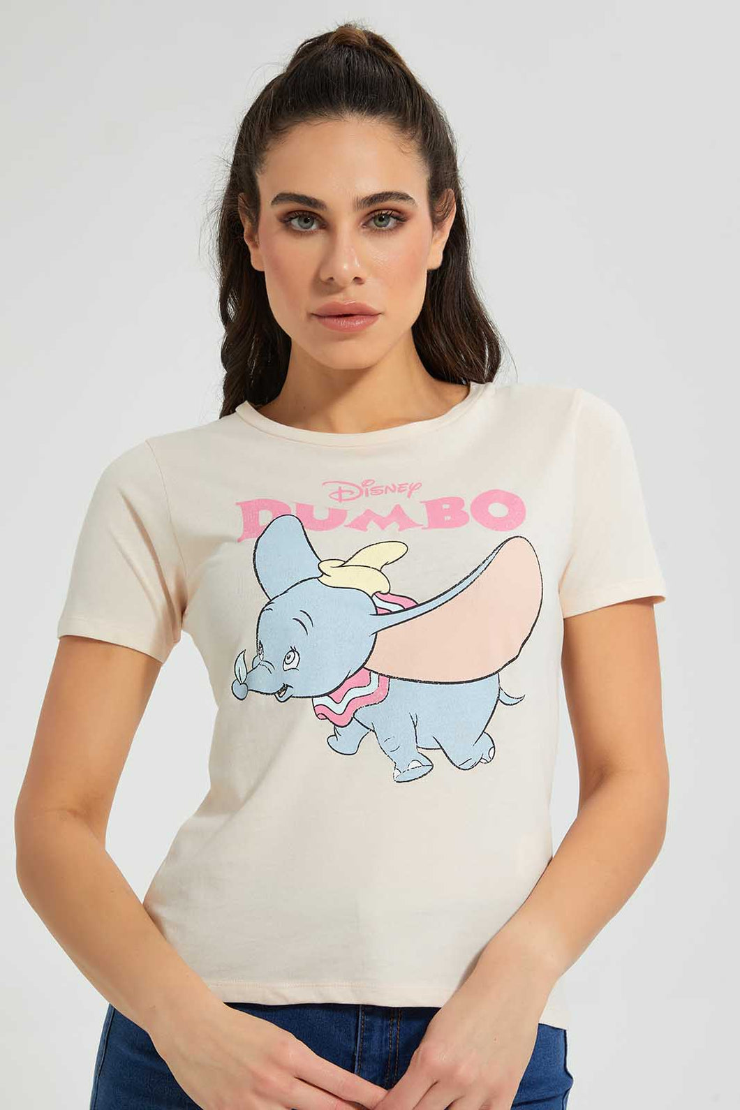 Redtag-Pink-Blush-Dumbo-Print-T-Shirt-Character-Women's-