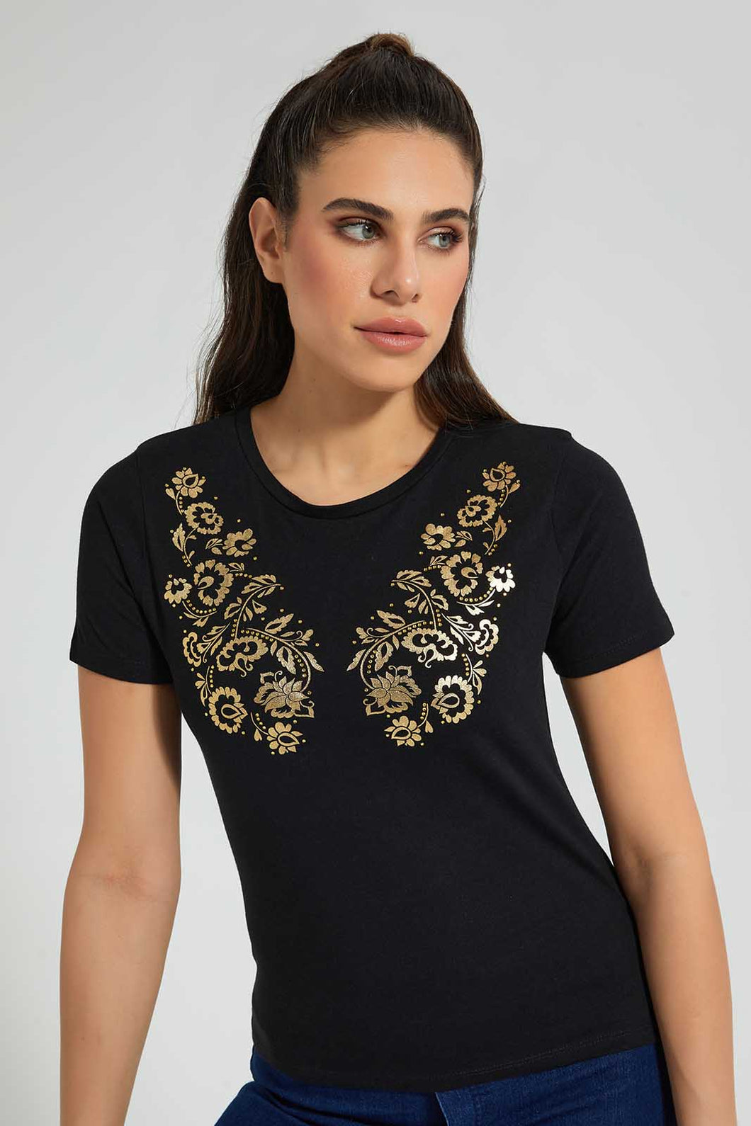 Redtag-Black-Paisley-Print-T-Shirt-Graphic-Prints-Women's-