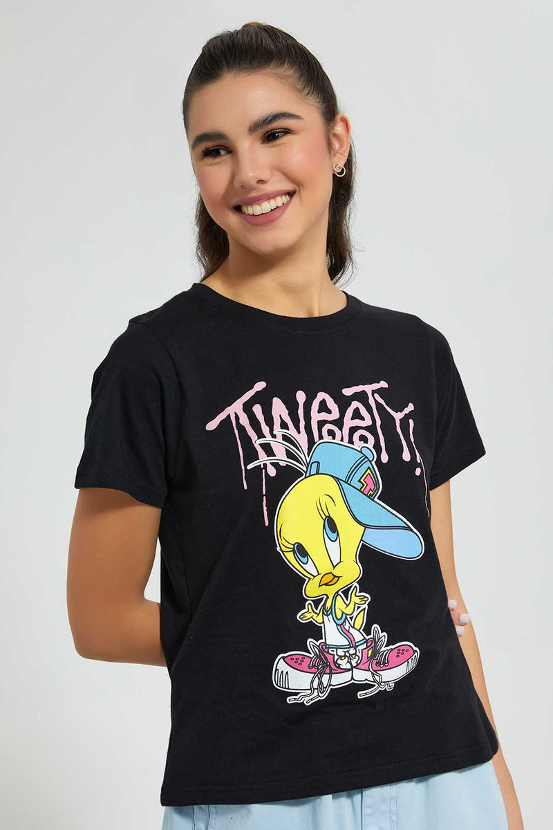 Redtag-Black-Tweety-Print-T-Shirt-Character-Women's-