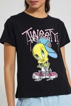 تنزيل الصورة على معرض الصور، Redtag-Black-Tweety-Print-T-Shirt-Character-Women&#39;s-
