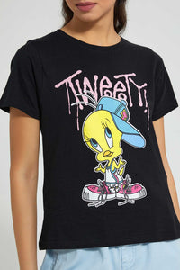 Redtag-Black-Tweety-Print-T-Shirt-Character-Women's-