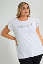 تنزيل الصورة على معرض الصور، Redtag-White-Lace-Sleeve-T-Shirt-With-Placement-Print-Colour:White,-Filter:Plus-Size,-LDP-T-Shirts,-New-In,-New-In-LDP,-Non-Sale,-S22B,-Section:Women-Women&#39;s-
