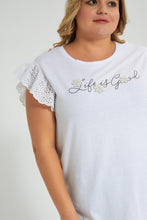 تنزيل الصورة على معرض الصور، Redtag-White-Lace-Sleeve-T-Shirt-With-Placement-Print-Colour:White,-Filter:Plus-Size,-LDP-T-Shirts,-New-In,-New-In-LDP,-Non-Sale,-S22B,-Section:Women-Women&#39;s-
