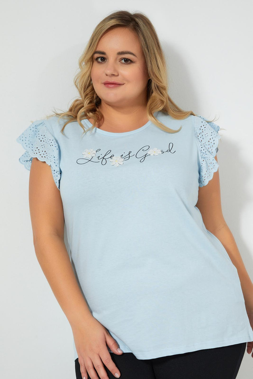 Redtag-Blue-Lace-Sleeve-T-Shirt-With-Placement-Print-Colour:Blue,-Filter:Plus-Size,-LDP-T-Shirts,-New-In,-New-In-LDP,-Non-Sale,-S22B,-Section:Women-Women's-