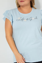 تنزيل الصورة على معرض الصور، Redtag-Blue-Lace-Sleeve-T-Shirt-With-Placement-Print-Colour:Blue,-Filter:Plus-Size,-LDP-T-Shirts,-New-In,-New-In-LDP,-Non-Sale,-S22B,-Section:Women-Women&#39;s-
