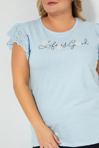 Redtag-Blue-Lace-Sleeve-T-Shirt-With-Placement-Print-Colour:Blue,-Filter:Plus-Size,-LDP-T-Shirts,-New-In,-New-In-LDP,-Non-Sale,-S22B,-Section:Women-Women's-