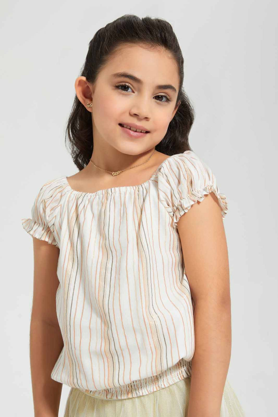 Redtag-Beige-Striped-Blouse-Blouses-Girls-2 to 8 Years